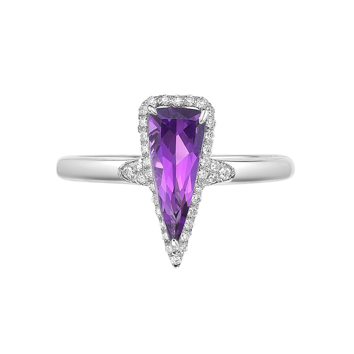 Prong-set fancy gemstone ring with diamond halo @ Colours by Karat